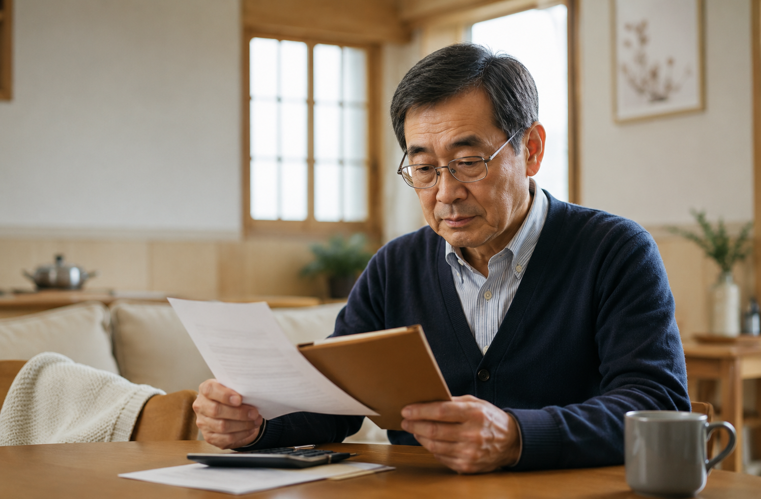 家計の収支を確認する日本のシニア男性