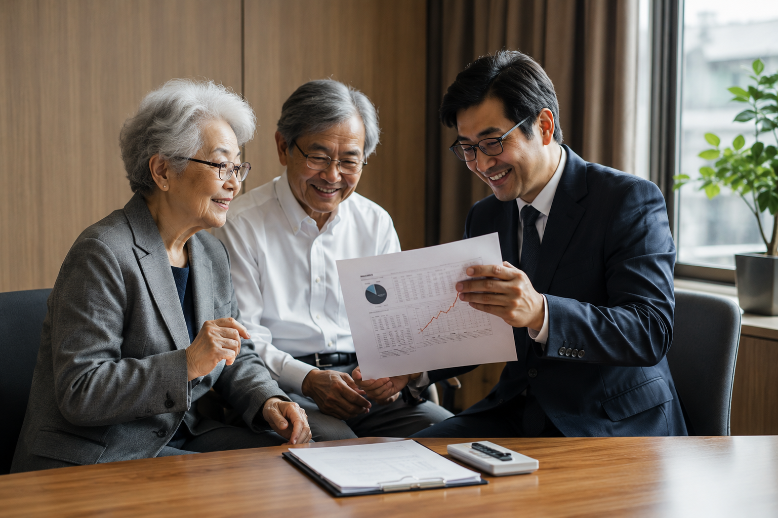 サポート担当者と資料を確認する日本のシニア夫婦